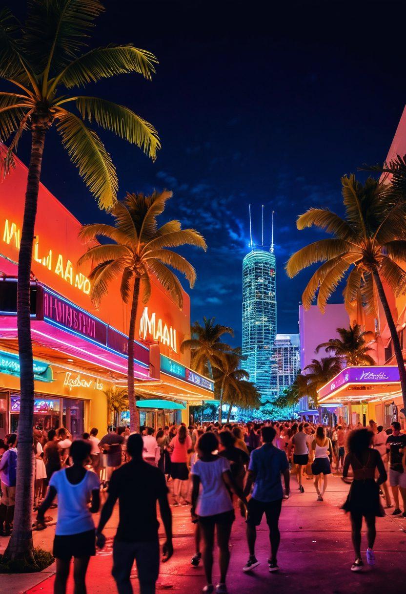 A vibrant night scene showcasing Miami's energetic party atmosphere, featuring diverse groups of people dancing under neon lights with palm trees in the background. Emphasize colorful cocktails and lively street performers, capturing the essence of social liberation and eclectic music genres. Include an iconic Miami skyline in the distance, radiating a festive vibe. bright colors. super-realistic.
