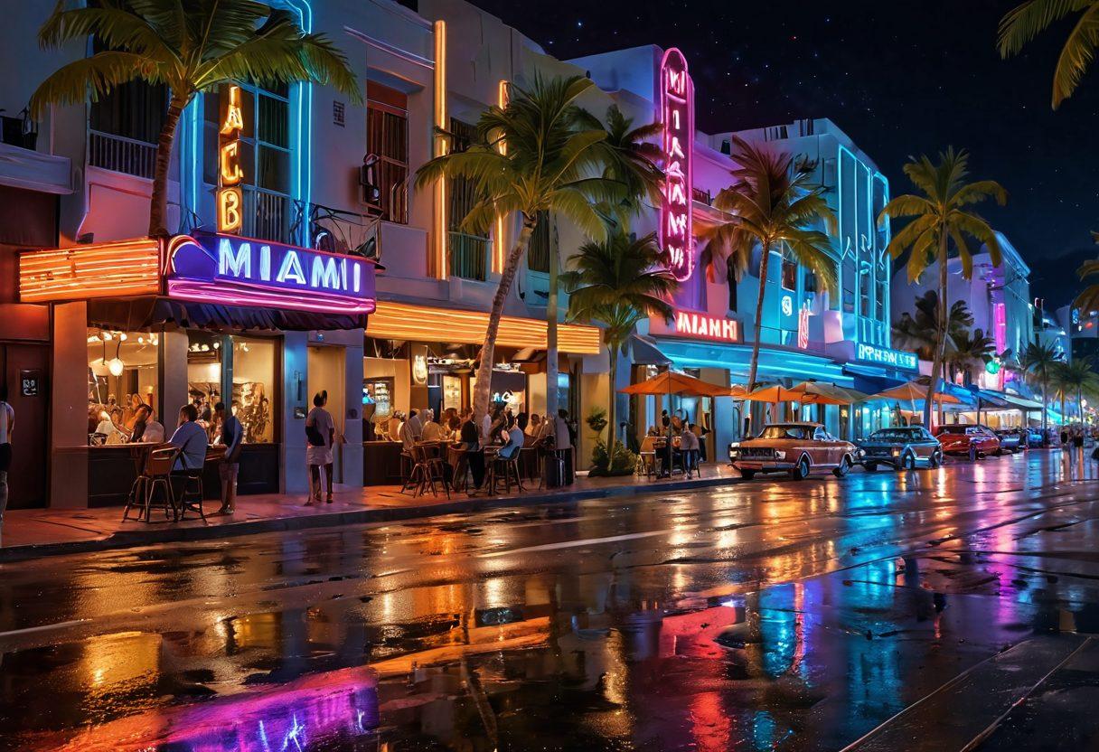 A lively Miami street scene at night, featuring colorful neon lights reflecting off wet pavement, bustling bars with diverse groups of people enjoying drinks, palm trees swaying in the breeze, and a backdrop of art-deco architecture under a starlit sky. Emphasize a dynamic atmosphere filled with energy and excitement. super-realistic. vibrant colors. 3D.