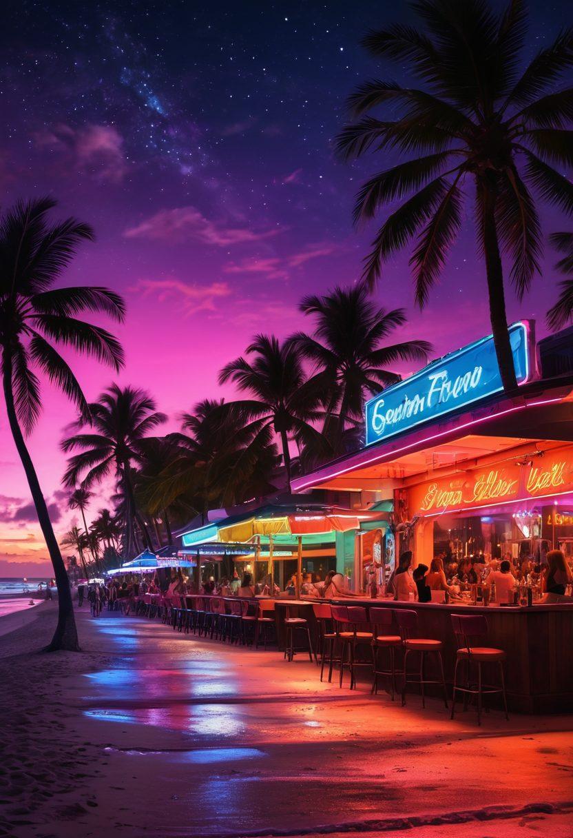 A vibrant nightlife scene showcasing various adult entertainment venues in South Florida, including colorful neon lights, lively crowds enjoying shows, palm trees swaying in the background, and a beach silhouette under a starlit sky. The atmosphere should feel electric and inviting, with an array of colorful cocktails on tables. super-realistic. vibrant colors. night scene.